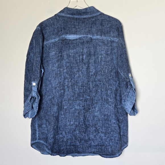 MILIO MILANO 100% Linen Roll Tab Sleeves Lagenlook Boho Blue Button-Up Shirt M - Picture 2 of 8